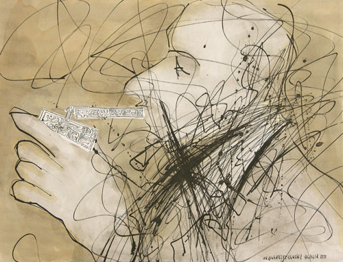 der Zigarettenraucher, 1999, Feder und Tusche auf Papier, ca.50 x 70 cm
