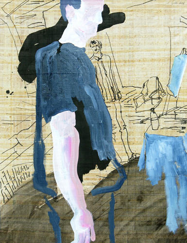 Der Bilderbetrachter, Mischtechnik auf Papyrus, 63 x 48 cm