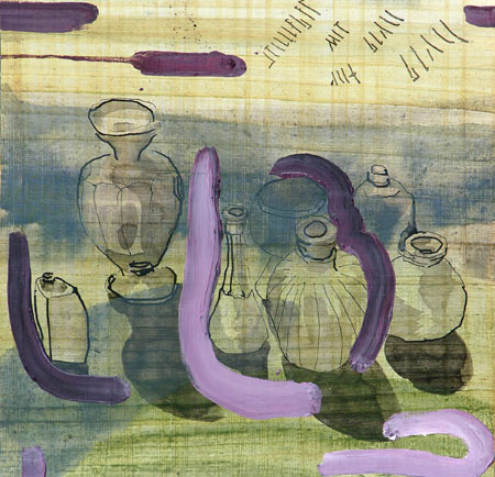 Stillleben mit blau, Mischtechnik auf Papyrus, 31 x 32 cm