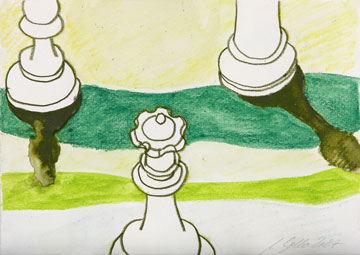 Schachfiguren, Mischtechnik auf Papier, 15 x 21 cm