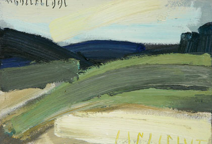 Landschaft, 2002, l auf Hartfaser, 27 x 38 cm