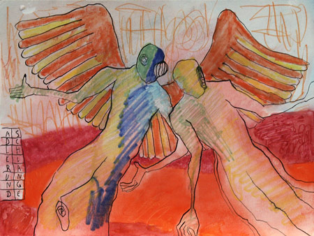 Adler und Schlange, 2002, Mischtechnik auf Papier, 30 x 40 cm