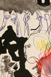 Im Dezember im Atelier gemaltes Bild, 2003, Feder, Tusche, Farbstifte auf Papier, 27 x 18 cm