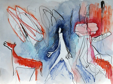 Pferdejagd, 2003, Feder, Tusche, Aquarell auf Papier, 30 x 40 cm