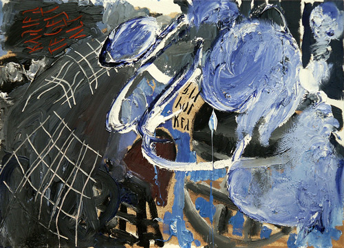 karierte Gestalt und Barhocker nach Durchblttern eines Baselitz-Kataloges, 2004, l auf Leinwand, 42 x 58 cm