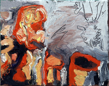 rauchende Gestalt und Barhocker nach Durchblttern eines Baselitz-Kataloges, l auf Leinwand, 30 x 38 cm