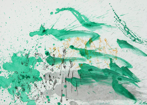 Dialog mit grün, Tusche auf Papier, 50 x 70 cm