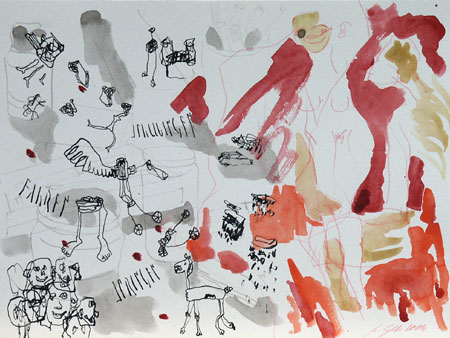 Schwingen, Springen, Fahren (Zeichnung), Tusche, Feder, Aquarell, 30 x 40 cm