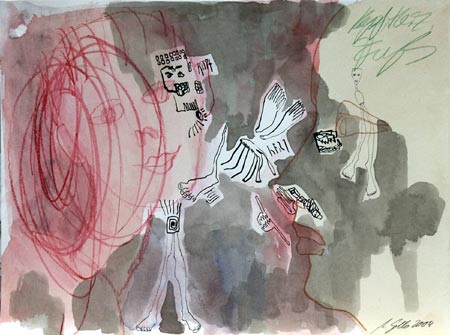 Kopf, Herz, Fuß (Zeichnung), Tusche, Feder, Farbstifte, 30 x 40 cm