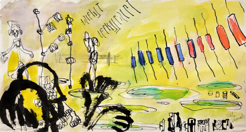 Frhstcksskript, 2005, Feder, Farbstifte und Aquarell, 20 x 36 cm