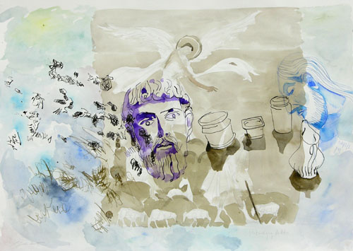 Petrus und Hirten, Tusche, Wasserfarben, 50 x 70 cm