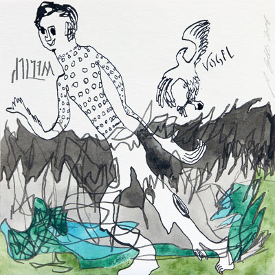 Mensch und Vogel, Tusche und Aquarell, 20 x 20 cm